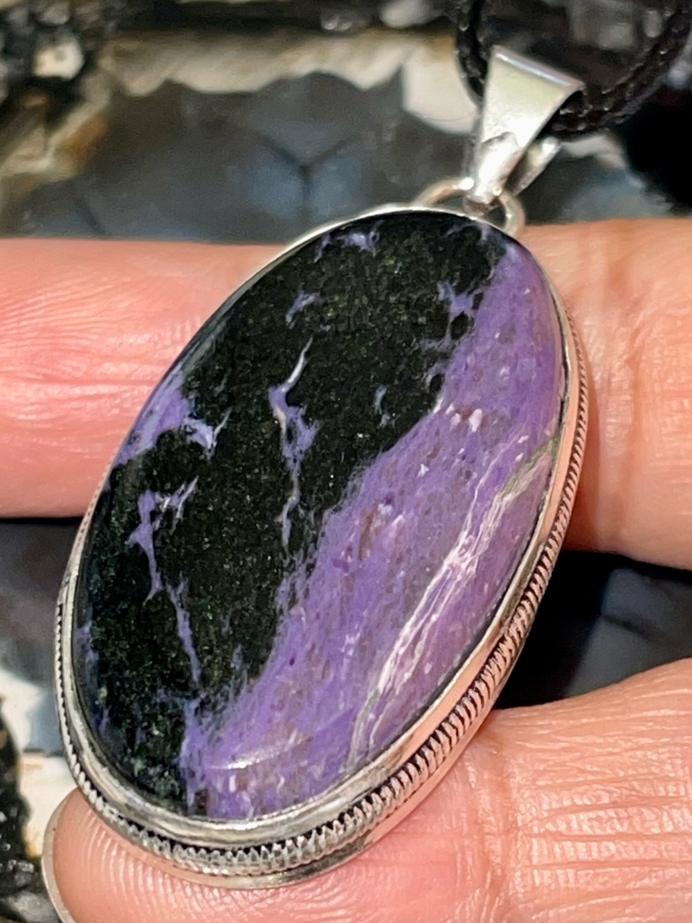 Two- Tone Purple Palm Stone Charoite Crystal Pendant 2 1/4”